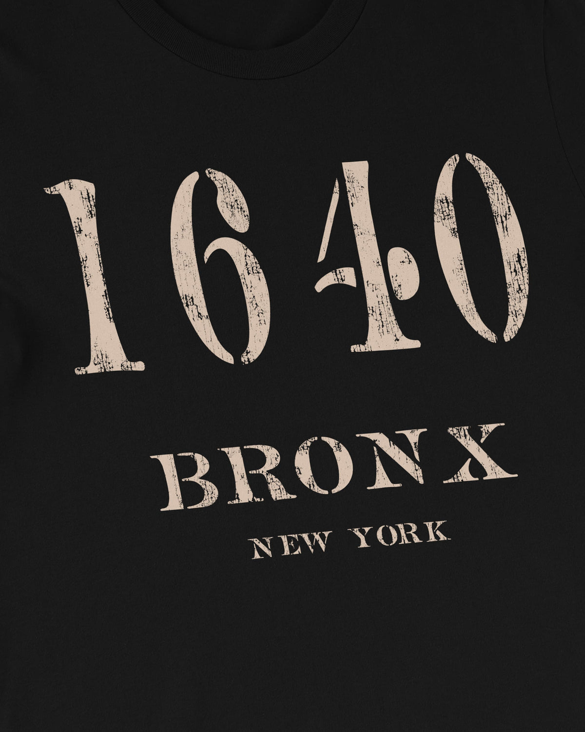 1640 Bronx graphic close-up – distressed cream stencil "1640" above "BRONX" and "NEW YORK" lettering – by Wearrs