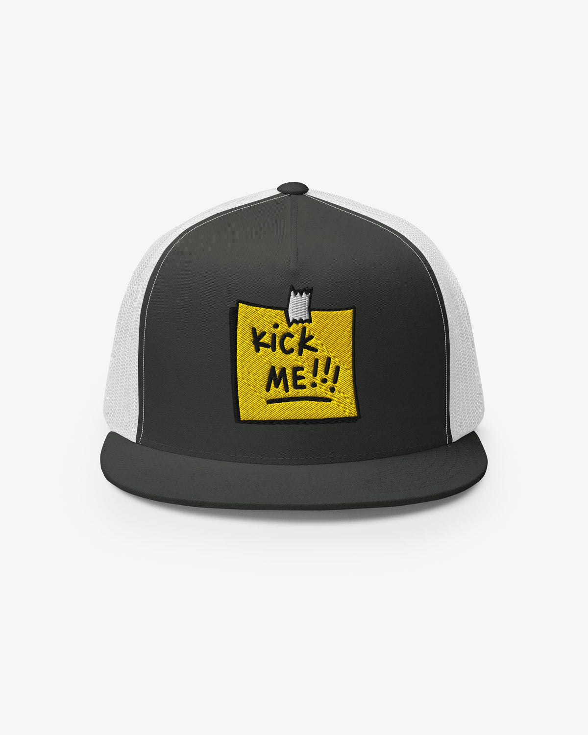 Charcoal and white trucker cap with embroidered Kick Me!!! sticky-note graphic, front view