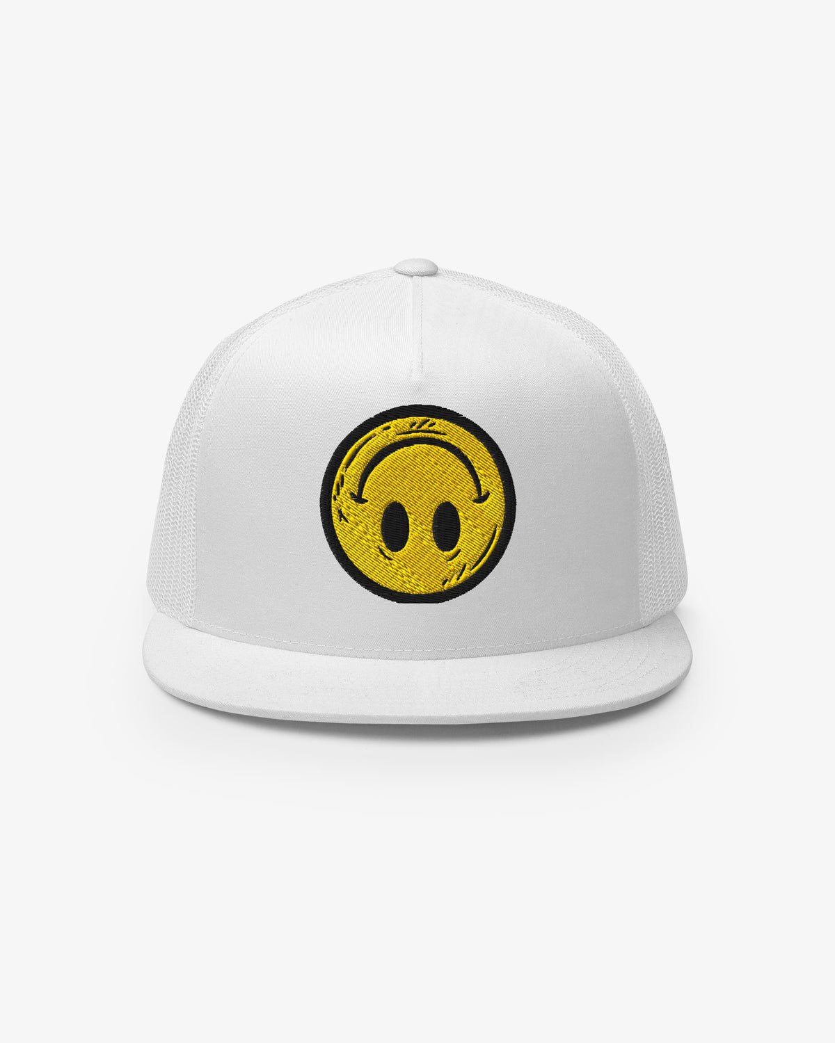 White Smiley Up Down embroidered trucker cap, front view