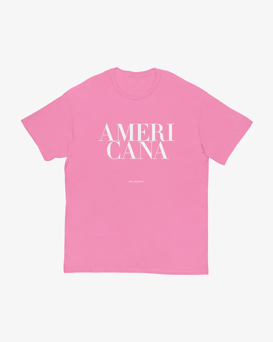 Americana t-shirt in azalea pink, stacked serif "AMERICANA" lettering, front view