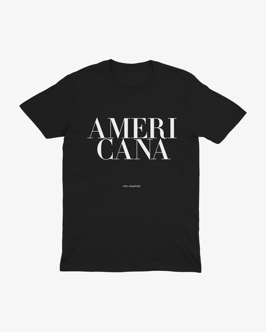 Americana t-shirt in black, stacked serif "AMERICANA" lettering, front view