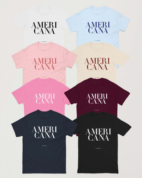 Americana t-shirts in black, white, light blue, light pink, natural, maroon, azalea pink and navy