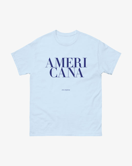 Americana t-shirt in light blue, stacked serif "AMERICANA" lettering, front view