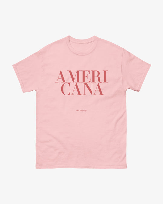 Americana t-shirt in light pink, stacked serif "AMERICANA" lettering, front view