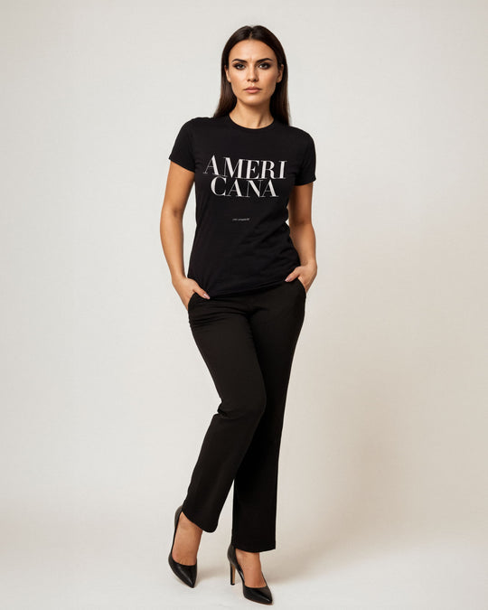 Americana t-shirt in black, worn by a model
