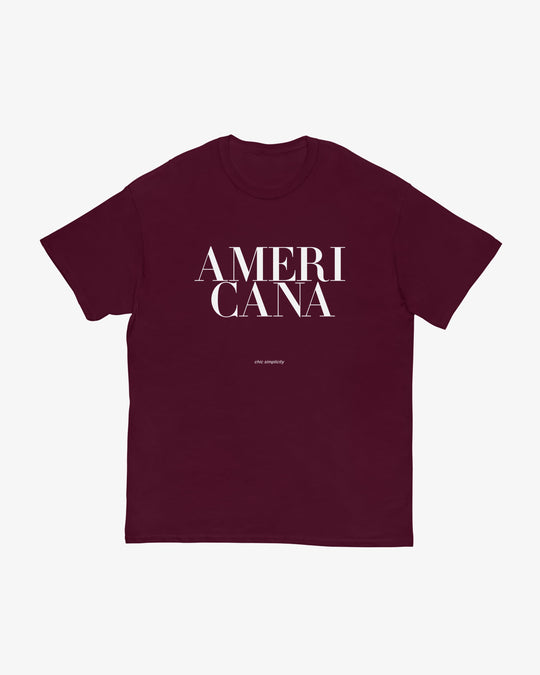 Americana t-shirt in maroon, stacked serif "AMERICANA" lettering, front view