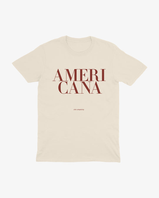 Americana t-shirt in natural, stacked serif "AMERICANA" lettering, front view