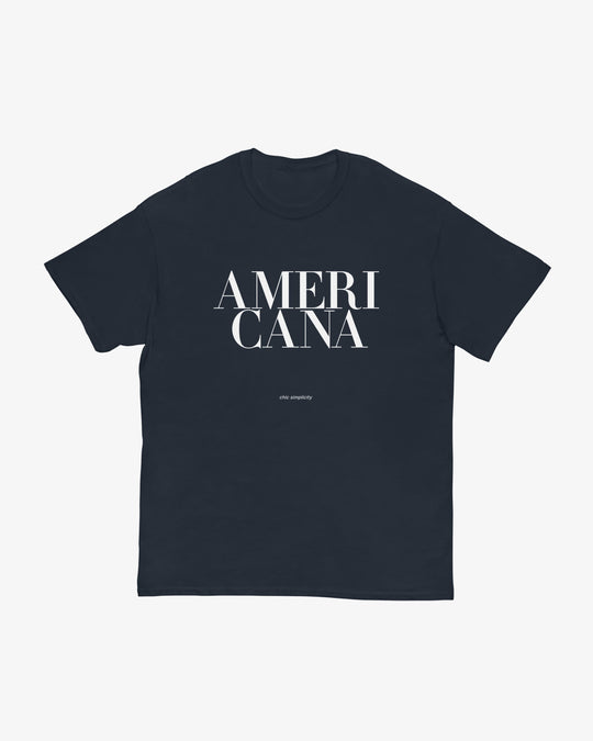 Americana t-shirt in navy, stacked serif "AMERICANA" lettering, front view