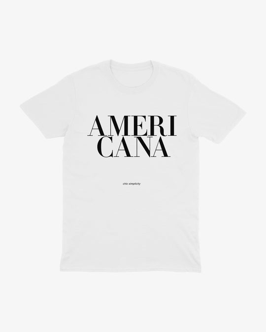 Americana t-shirt in white, stacked serif "AMERICANA" lettering, front view