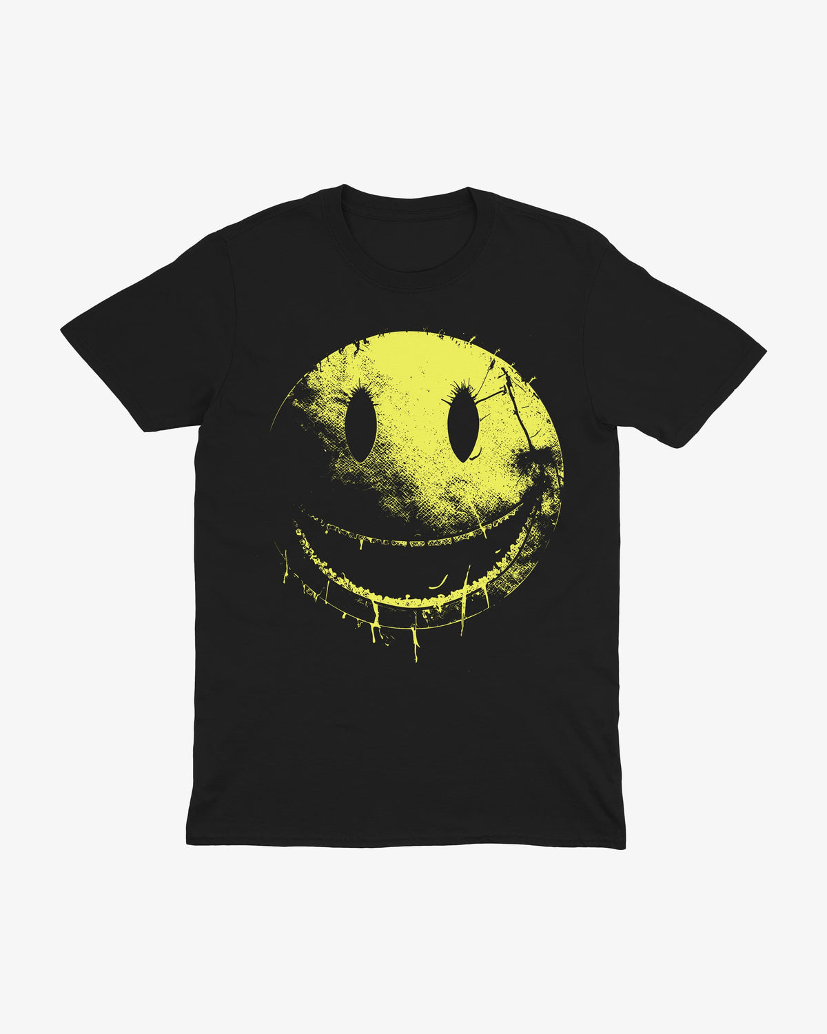Bad Smiley t-shirt by Wearrs in black with a distressed, dripping yellow smiley face, flat front view