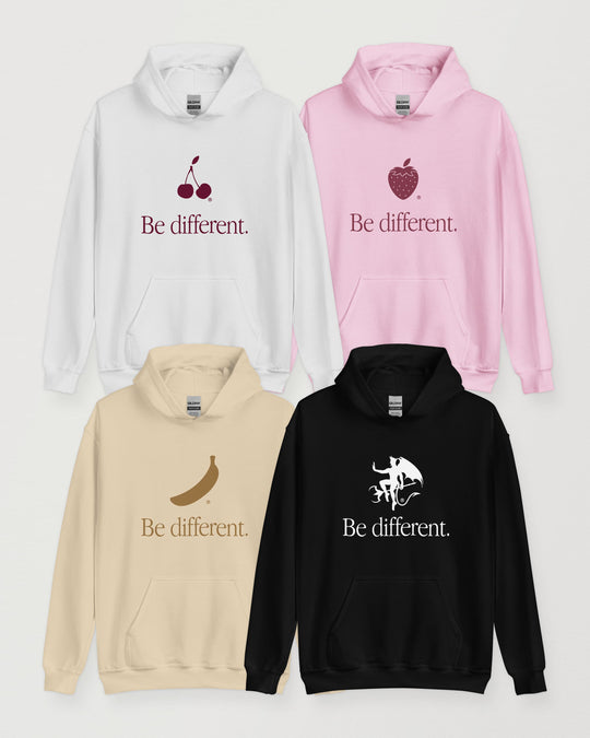 Be Different hoodies in white, pink, sand and black, each with a different icon, collage