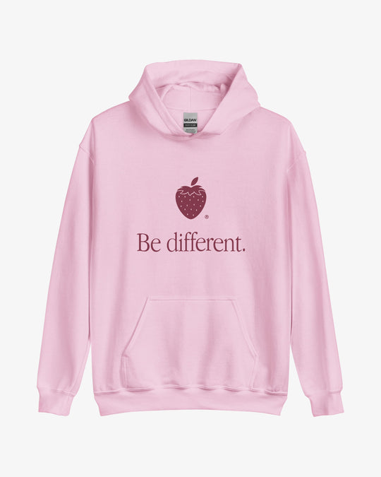Be Different hoodie in pink with strawberry icon and Be different. wordmark, flat front view