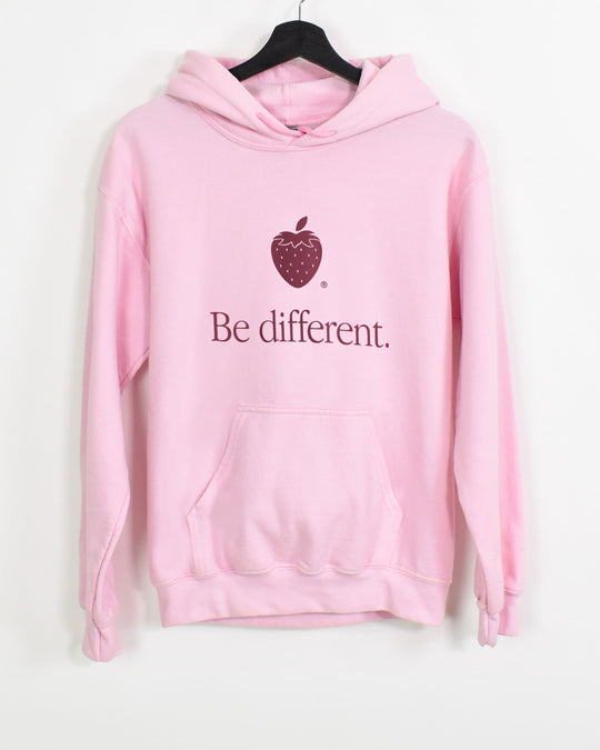 Be Different pink hoodie on hanger, strawberry icon