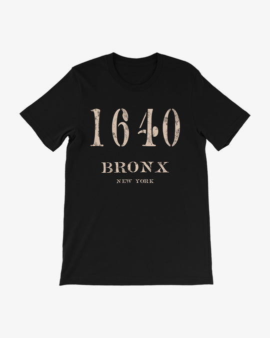 1640 Bronx t-shirt in black, distressed cream stencil "1640" above "BRONX" and "NEW YORK" lettering, front view