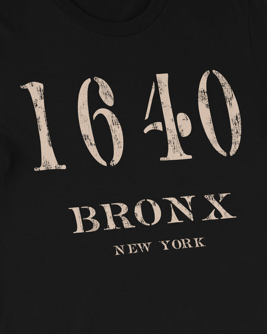 Close-up of the 1640 Bronx print, distressed cream stencil "1640" above "BRONX" and "NEW YORK" lettering