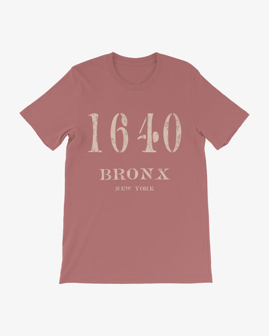 1640 Bronx t-shirt in mauve, distressed cream stencil "1640" above "BRONX" and "NEW YORK" lettering, front view