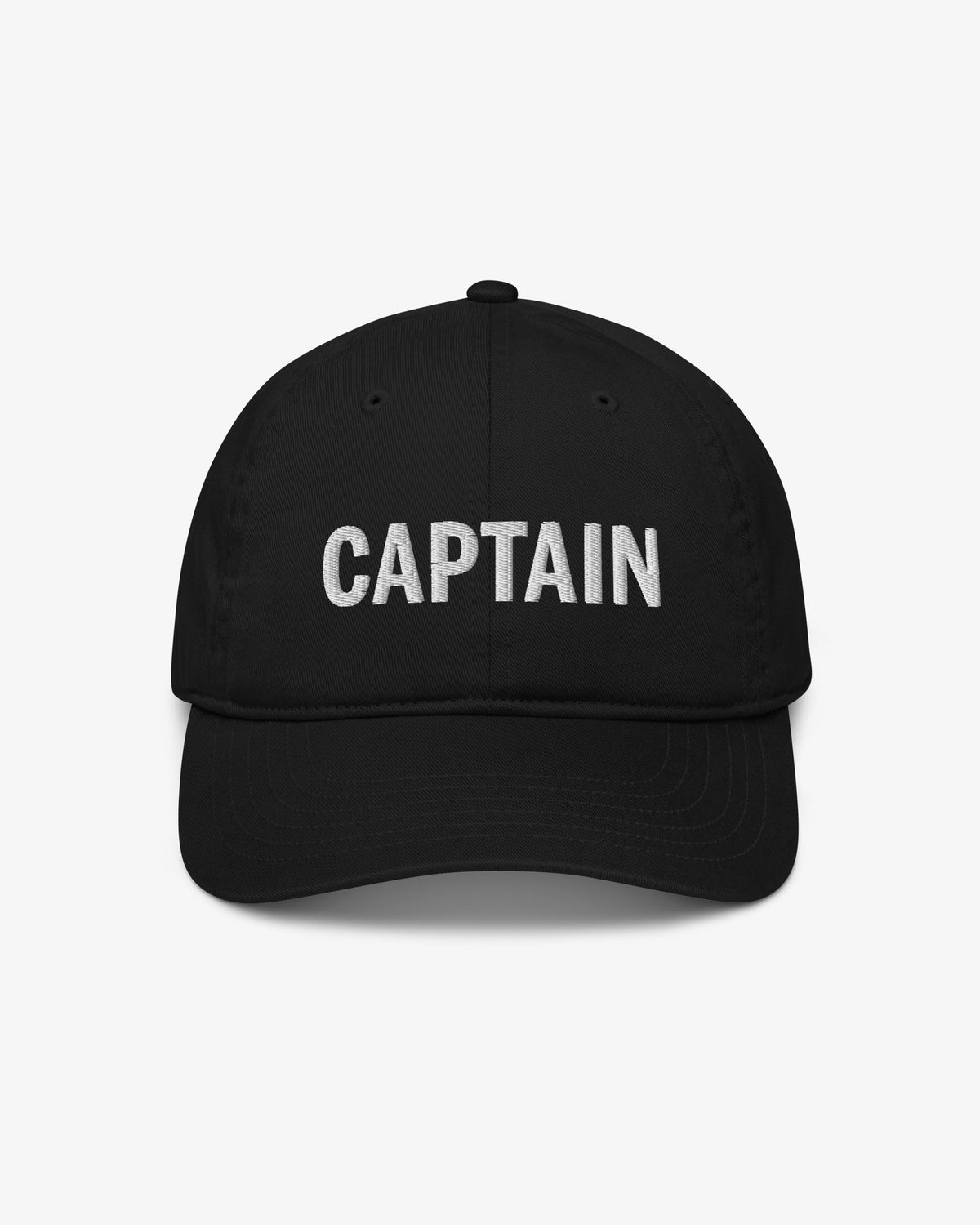 Captain embroidered wordmark cap, front view, black colorway