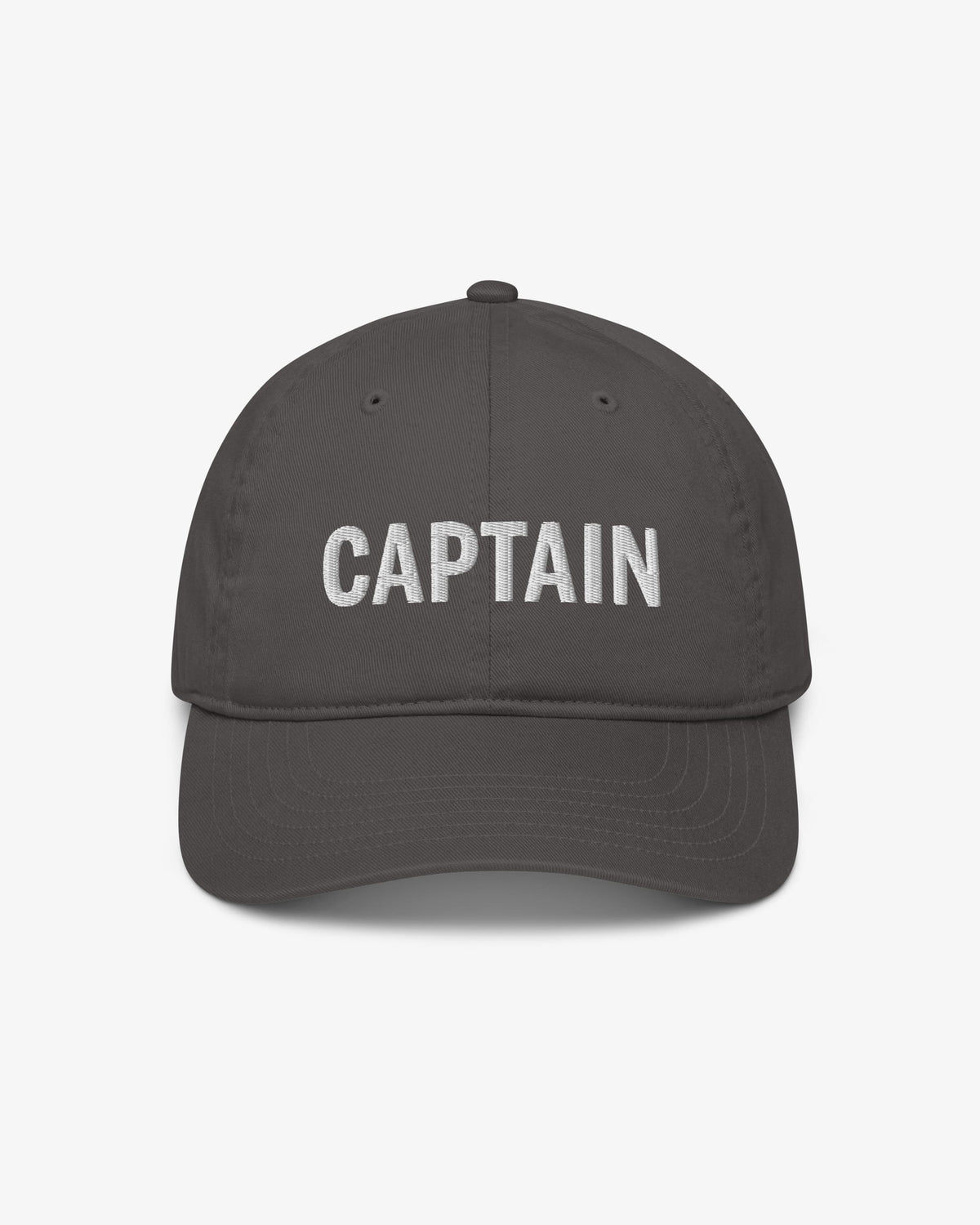 Captain embroidered wordmark cap, front view, charcoal colorway