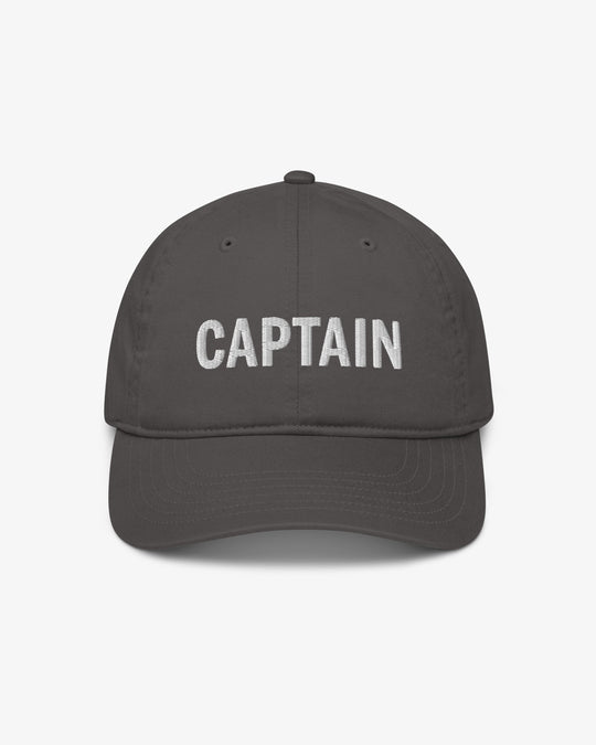 Captain embroidered wordmark cap, front view, charcoal colorway