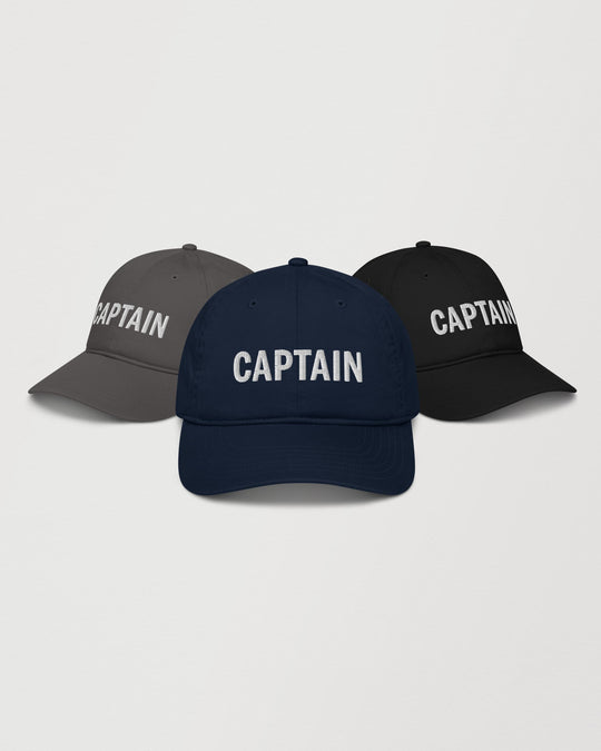 Captain wordmark cap, pacific blue, navy, black, and charcoal colorways