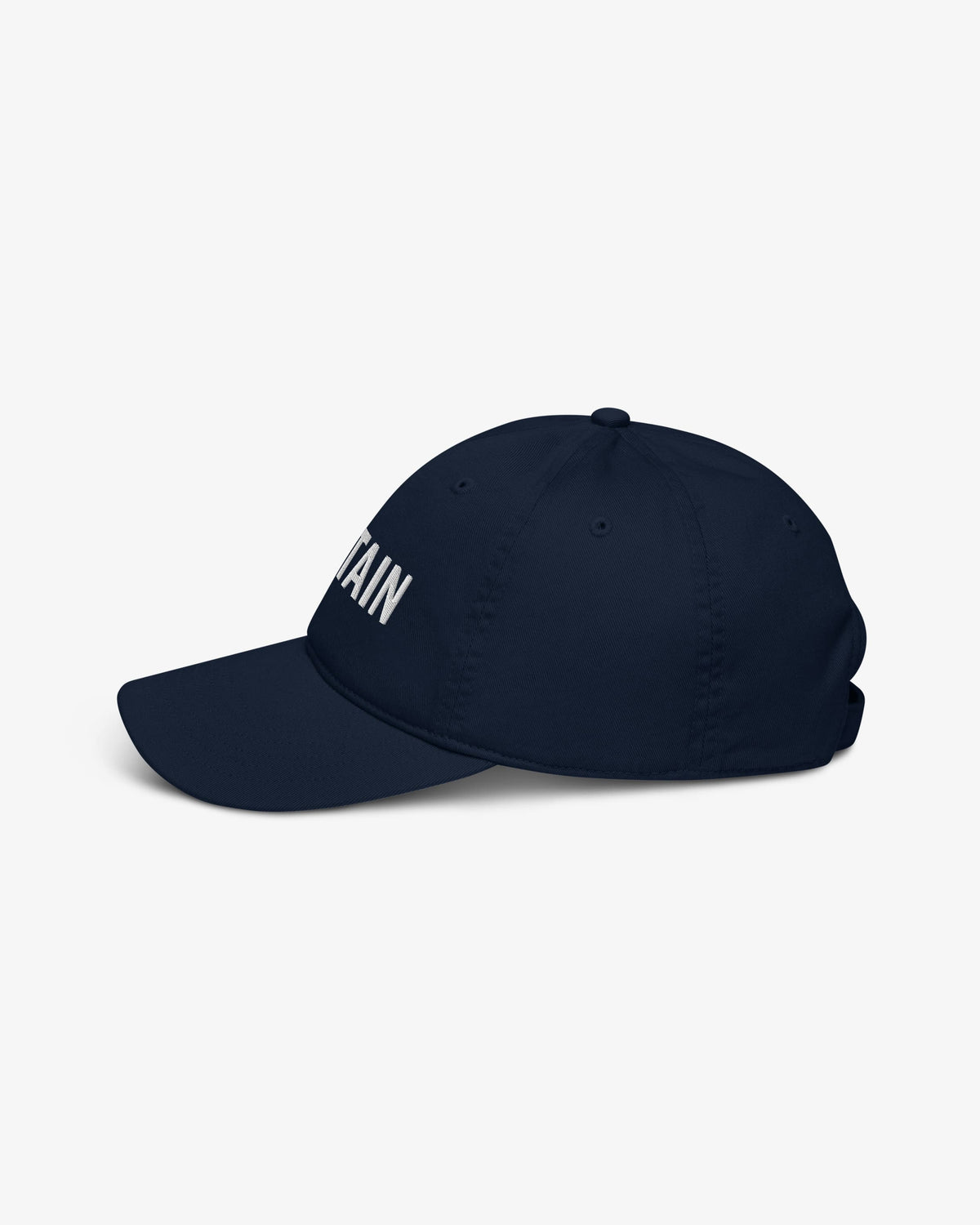 Captain embroidered wordmark cap, pacific blue, front three-quarter view showing embroidery detail