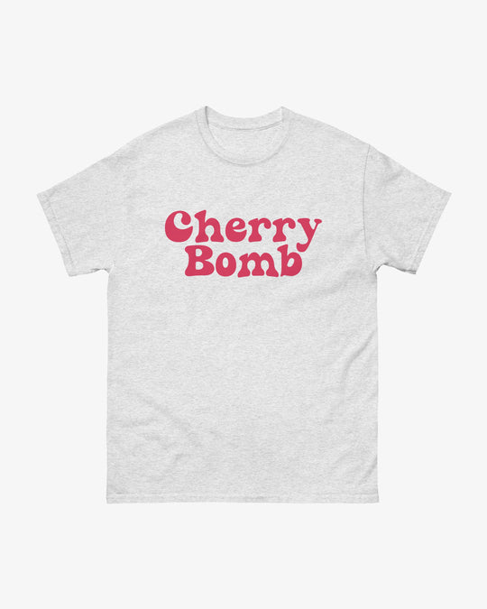 Cherry Bomb t-shirt in ash, red retro "Cherry Bomb" lettering, front view