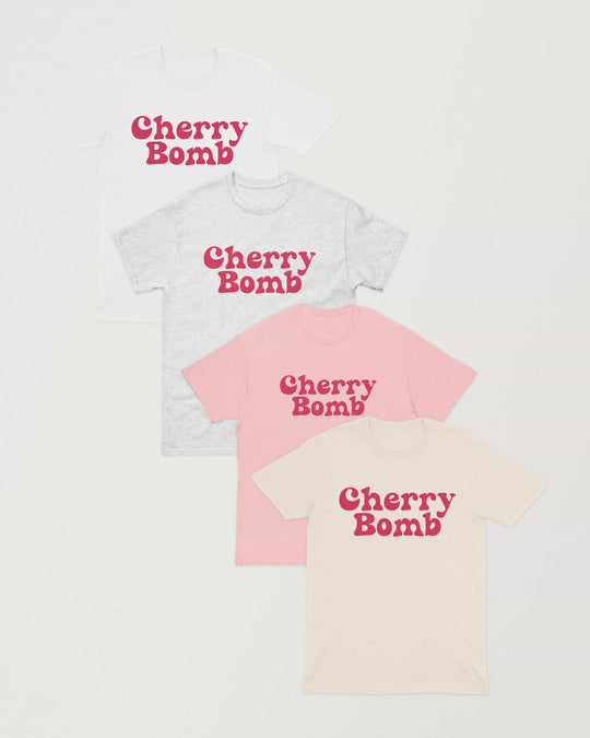 Cherry Bomb t-shirts in white, ash, light pink and natural
