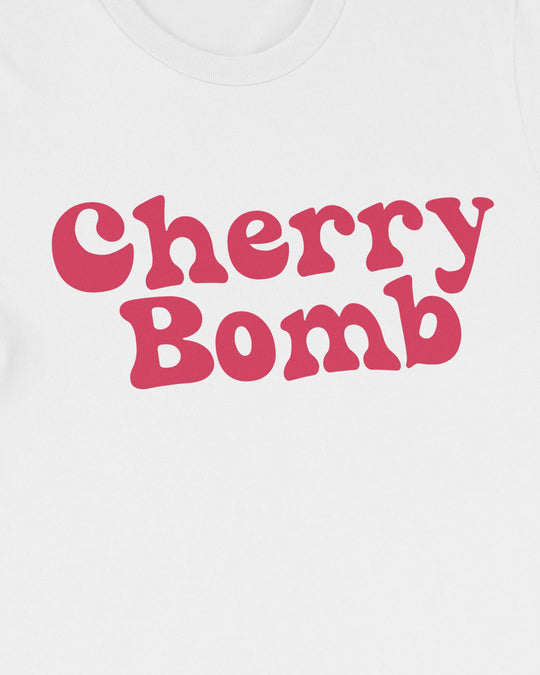 Close-up of the Cherry Bomb print, red retro "Cherry Bomb" lettering