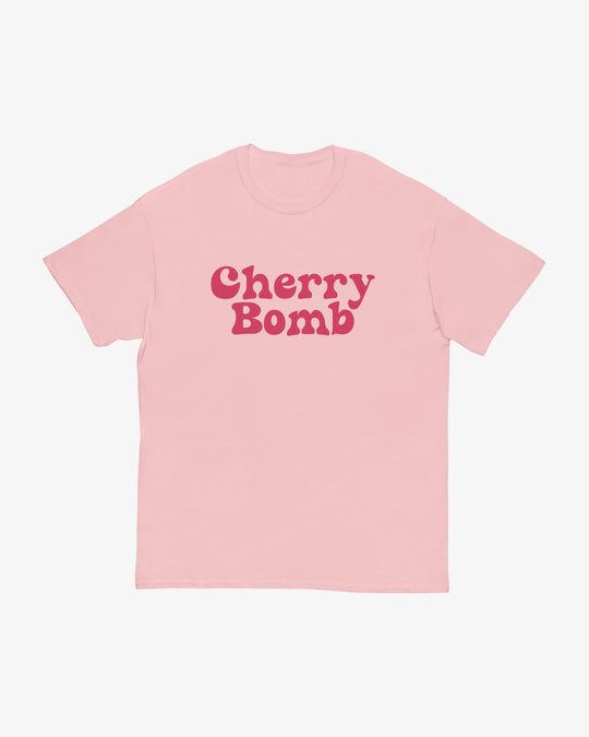 Cherry Bomb t-shirt in light pink, red retro "Cherry Bomb" lettering, front view