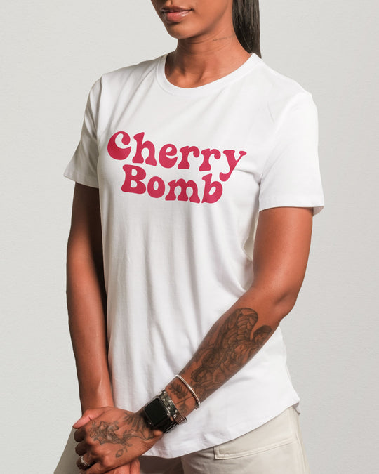 Cherry Bomb t-shirt in white, worn by a model