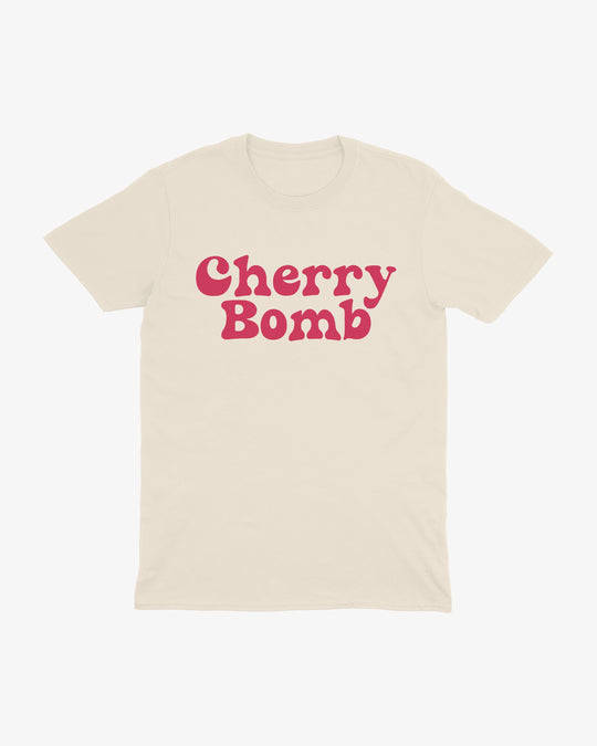 Cherry Bomb t-shirt in natural, red retro "Cherry Bomb" lettering, front view