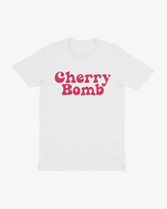 Cherry Bomb t-shirt in white, red retro "Cherry Bomb" lettering, front view