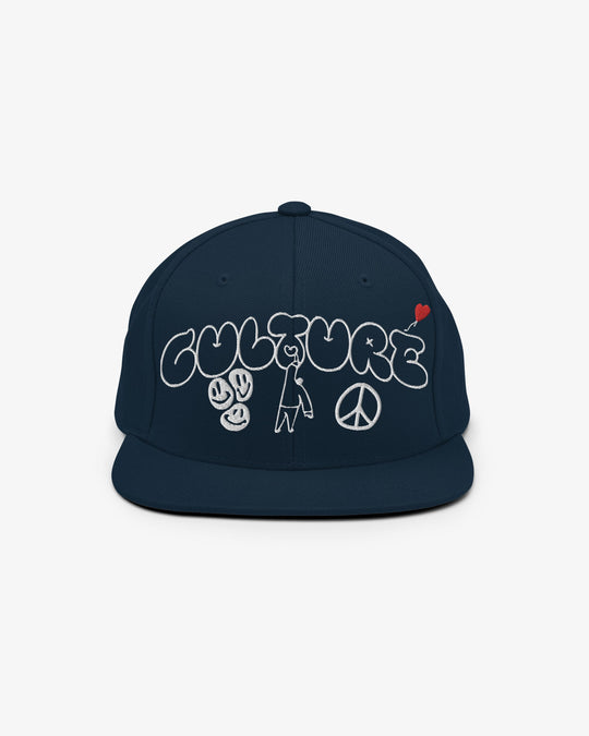 Cultural snapback in navy blue, front view with embroidered peace signs and heart
