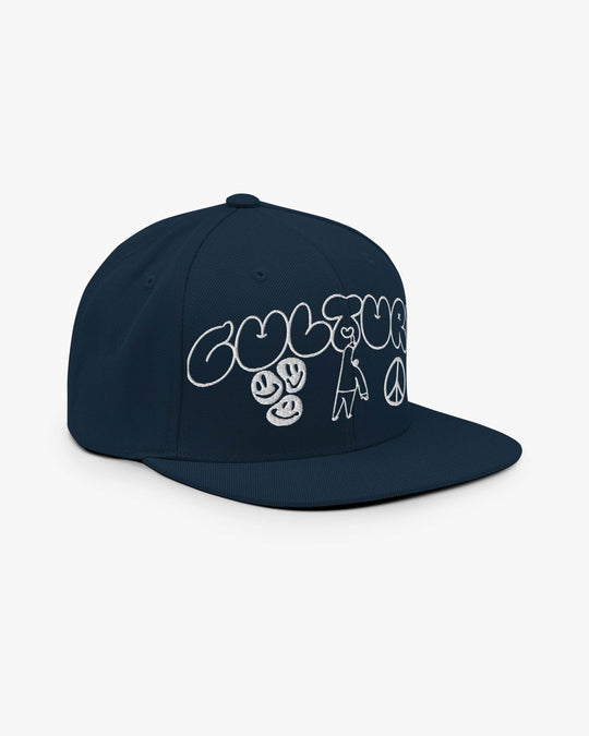 Cultural snapback in navy blue, angled front view showing the brim and embroidery