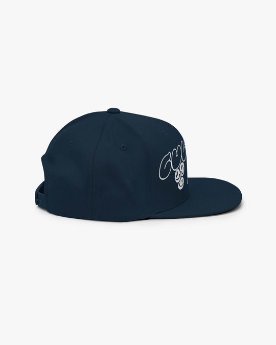 Cultural snapback in navy blue, left side view showing part of the embroidery