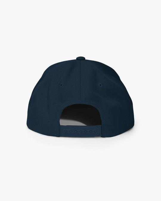 Cultural snapback in navy blue, rear view with navy adjustable snapback strap