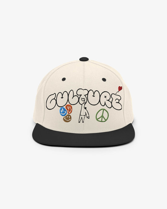Cultural snapback in natural and black, front view with embroidered peace signs and heart