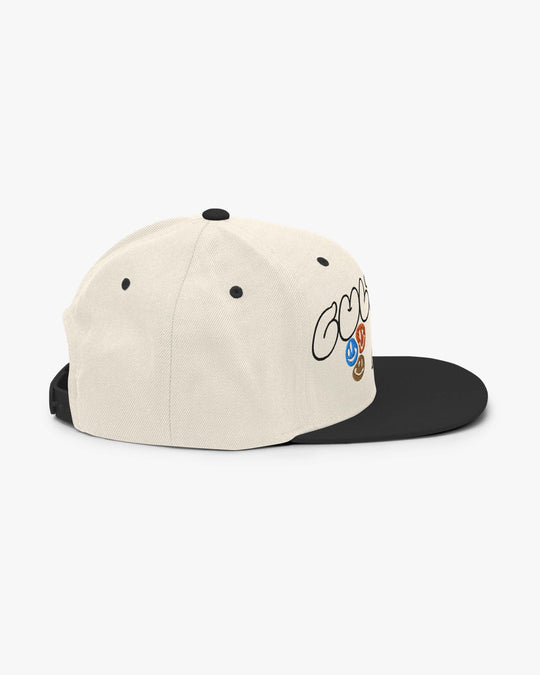 Cultural snapback in natural and black, right side view showing the embroidered design