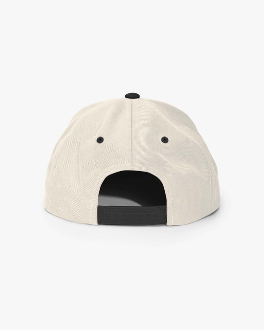 Cultural snapback in natural and black, rear view with black adjustable snapback strap