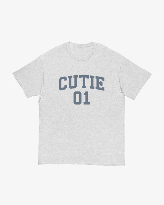 Cutie 01 t-shirt in ash, varsity "CUTIE 01" lettering, front view