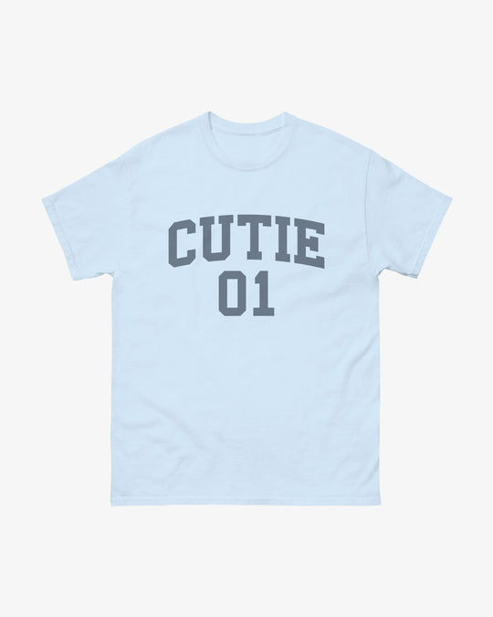 Cutie 01 t-shirt in light blue, varsity "CUTIE 01" lettering, front view