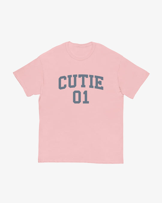 Cutie 01 t-shirt in light pink, varsity "CUTIE 01" lettering, front view