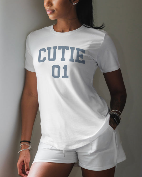 Cutie 01 t-shirt in white, worn by a model