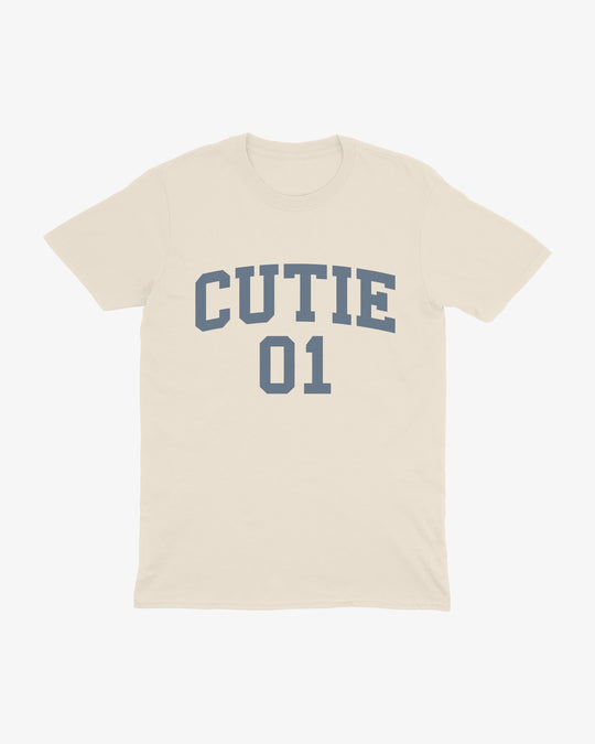Cutie 01 t-shirt in natural, varsity "CUTIE 01" lettering, front view