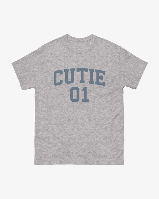 Cutie 01 t-shirt in sport grey, varsity "CUTIE 01" lettering, front view