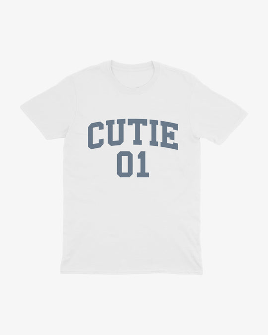 Cutie 01 t-shirt in white, varsity "CUTIE 01" lettering, front view
