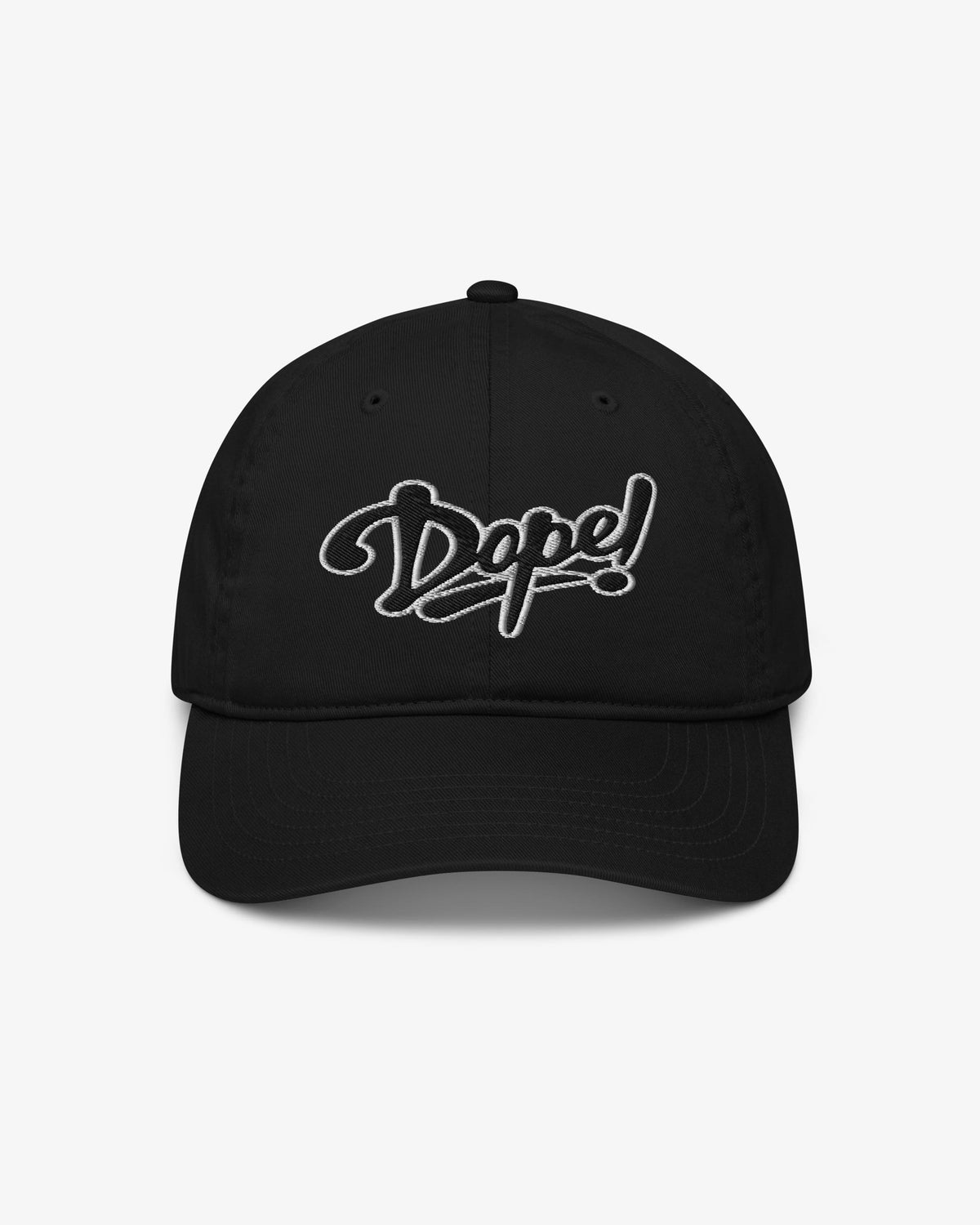Dope cap in black with white outline script embroidery, front view