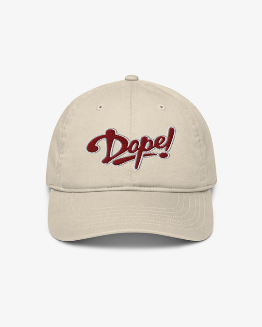 Dope cap in oyster with maroon script embroidery, front view