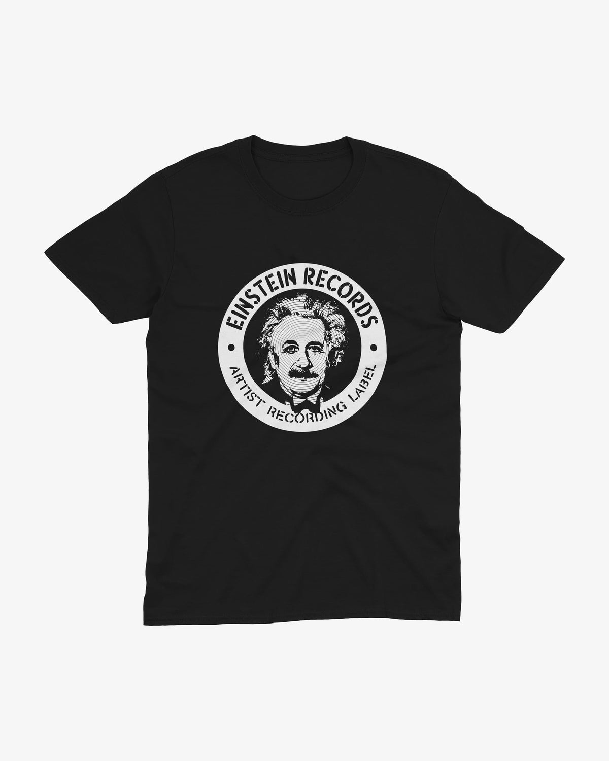 Einstein Records t-shirt in black, circular badge with an Einstein portrait and "EINSTEIN RECORDS ARTIST RECORDING LABEL" text, front view