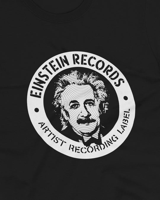 Close-up of the Einstein Records print, circular badge with an Einstein portrait and "EINSTEIN RECORDS ARTIST RECORDING LABEL" text